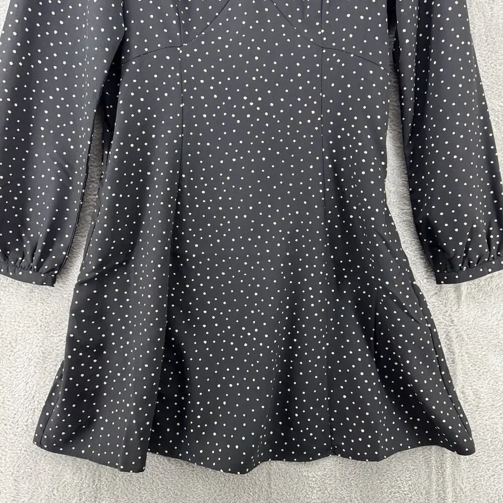 Uniqlo Dress M Black Polka Dots Babydoll V-Neck Ballon Sleeve Knee Length Pocket